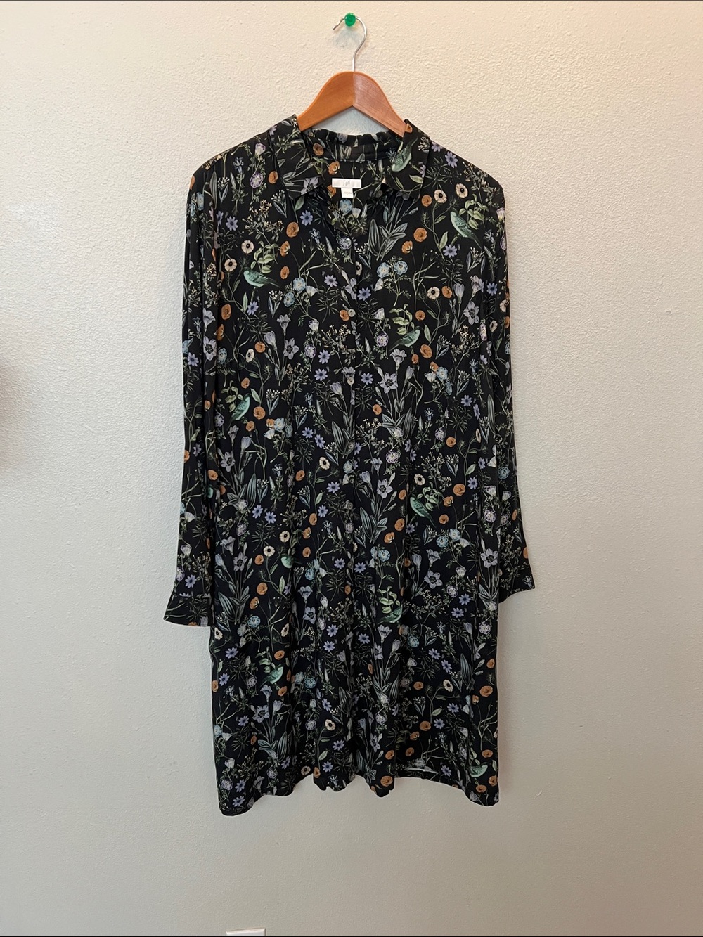 J. Jill Black Floral Long Sleeve Shirt Dress with Green & Lavender Accents